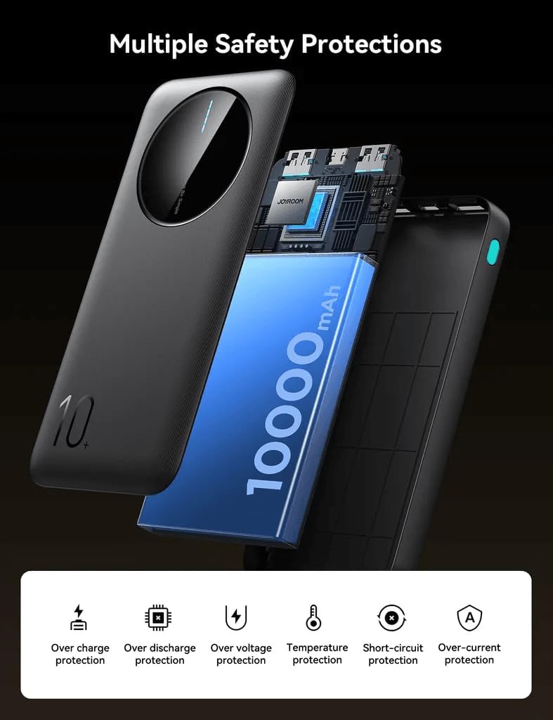باور بانك 2.4 أمبير LED، موديل JR-PBF12، مع 3 منافذ مخرج 2 USB نوع سي 10000 مللي أمبير في الساعة من جوي رووم - أسود