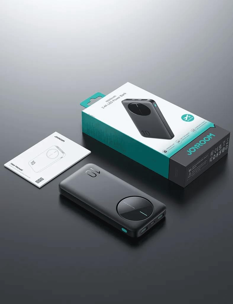 باور بانك 2.4 أمبير LED، موديل JR-PBF12، مع 3 منافذ مخرج 2 USB نوع سي 10000 مللي أمبير في الساعة من جوي رووم - أسود