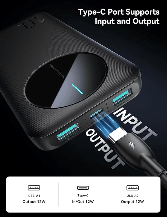 باور بانك 2.4 أمبير LED، موديل JR-PBF12، مع 3 منافذ مخرج 2 USB نوع سي 10000 مللي أمبير في الساعة من جوي رووم - أسود