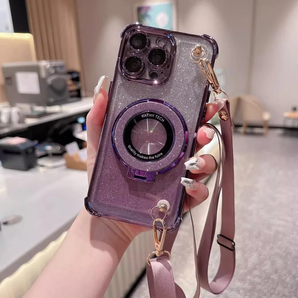 Shockproof Crossbody Lanyard Phone Case For Xiaomi Redmi Note 14 Pro Plus 14C 4G 5G 14T POCO X7 Pro Gradient Glitter Stand Cover