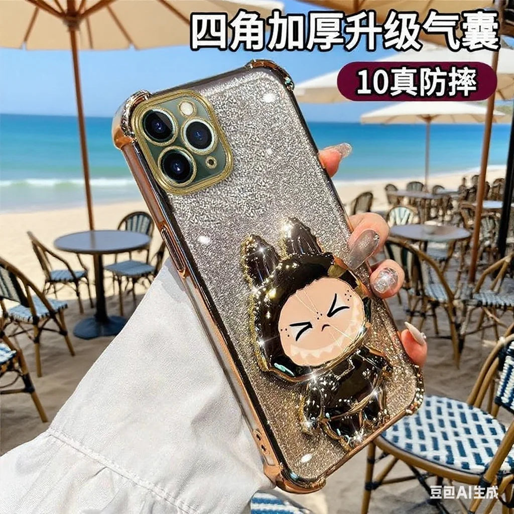 For iPhone 11 12 13 14 15 16 X XR 7 8 Phone Case Soft Silicone Plating Cartoon Rabbit Fold Stand Makeup Mirror Bracket Cover