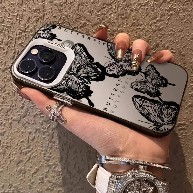 Retro Black Butterfly Phone Case For Iphone 16 16E 15 14 Plus 13 12 11 Pro Max Electroplated Cover Case Funda Bumber 16E