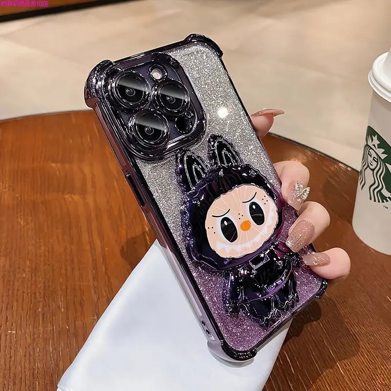 For iPhone 11 12 13 14 15 16 X XR 7 8 Phone Case Soft Silicone Plating Cartoon Rabbit Fold Stand Makeup Mirror Bracket Cover