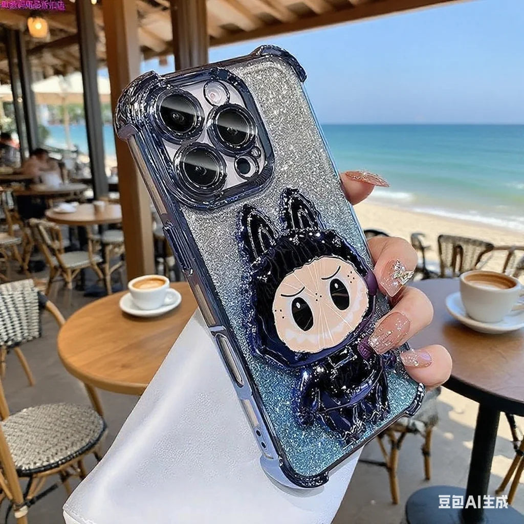 For iPhone 11 12 13 14 15 16 X XR 7 8 Phone Case Soft Silicone Plating Cartoon Rabbit Fold Stand Makeup Mirror Bracket Cover