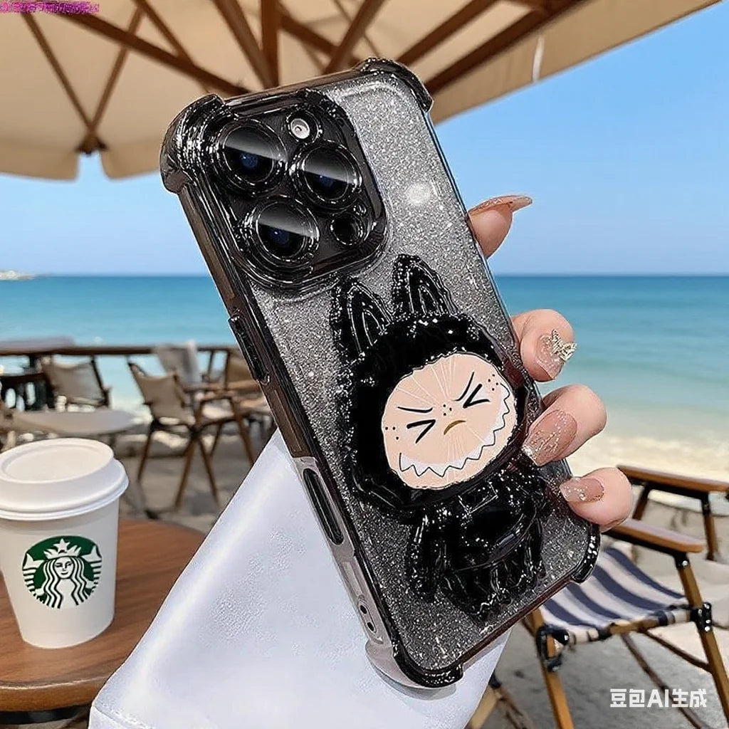 For iPhone 11 12 13 14 15 16 X XR 7 8 Phone Case Soft Silicone Plating Cartoon Rabbit Fold Stand Makeup Mirror Bracket Cover
