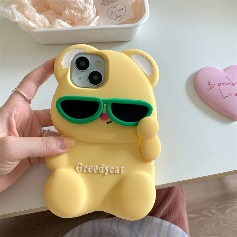 3D Cute Bear Sunglasses Phone Case For iPhone 16 promax 15 14 Plus 13 12 Pro Max 11 Soft Silicone Cartoon Cover