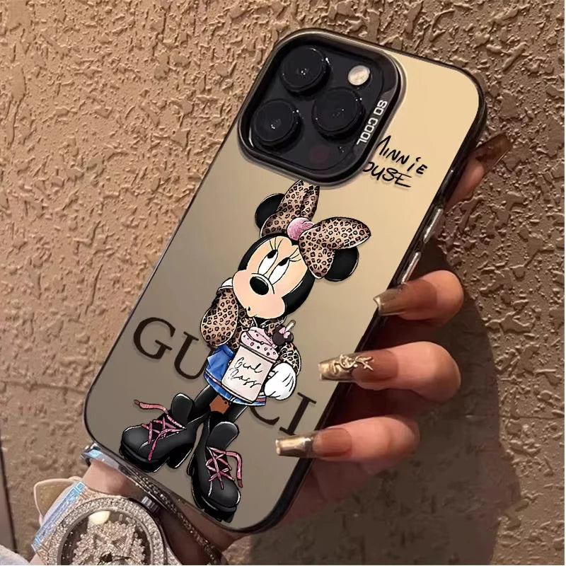 Fashion Leopard Print Minnie Plating Matte Case for iPhone 16 15 14 13 12 11 Pro Max XS X XR 8 7 Plus SE 2020 Shockproof Cover