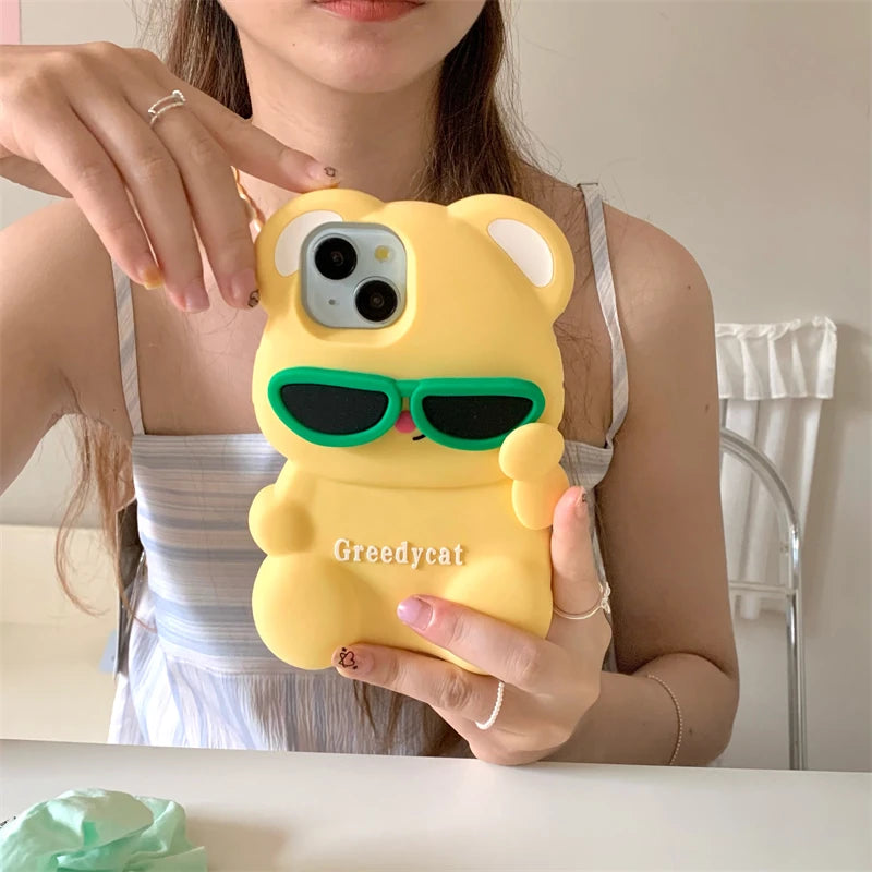 3D Cute Bear Sunglasses Phone Case For iPhone 16 promax 15 14 Plus 13 12 Pro Max 11 Soft Silicone Cartoon Cover