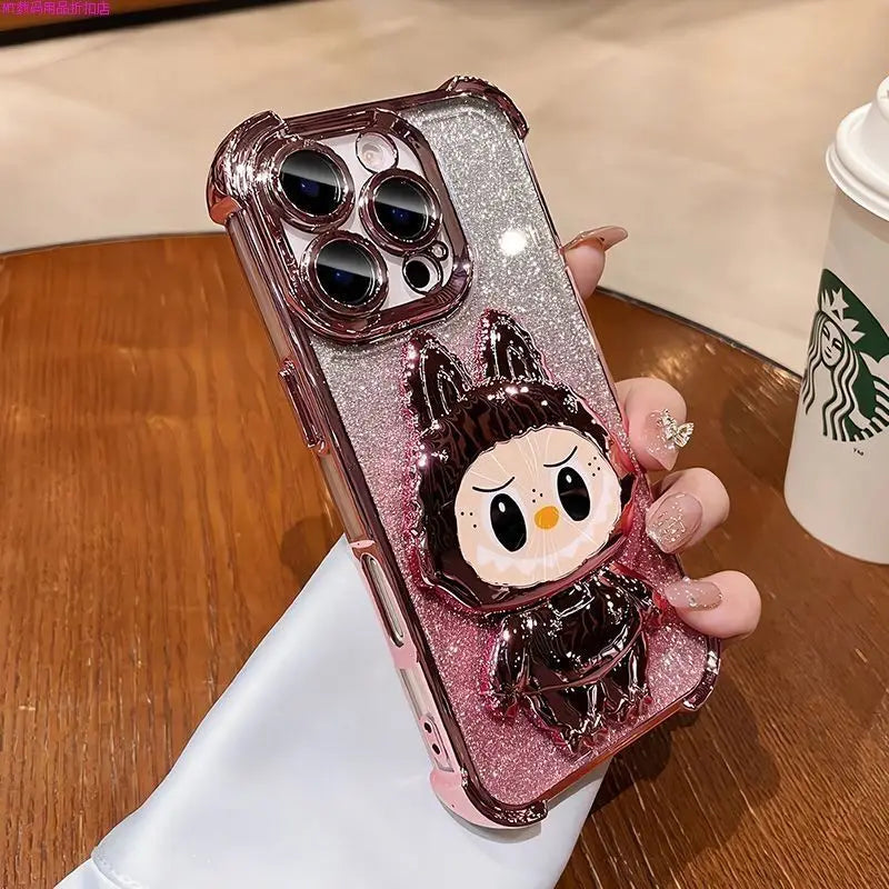 For iPhone 11 12 13 14 15 16 X XR 7 8 Phone Case Soft Silicone Plating Cartoon Rabbit Fold Stand Makeup Mirror Bracket Cover