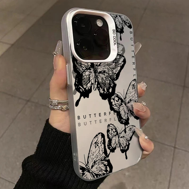 Retro Black Butterfly Phone Case For Iphone 16 16E 15 14 Plus 13 12 11 Pro Max Electroplated Cover Case Funda Bumber 16E
