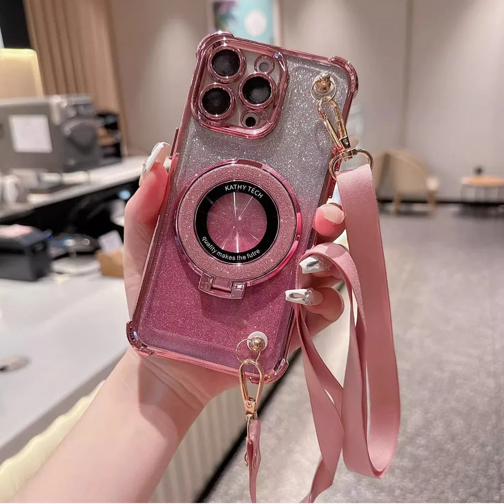 Shockproof Crossbody Lanyard Phone Case For Xiaomi Redmi Note 14 Pro Plus 14C 4G 5G 14T POCO X7 Pro Gradient Glitter Stand Cover