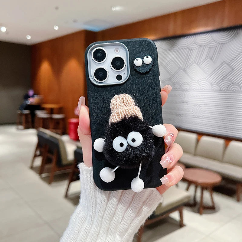 3D Doll Plush Briquettes Leather Phone Case For iPhone 16 15 14 13 12 11 Pro Max X XS Max XR 7 8 Plus SE2 Shockproof Soft Cover