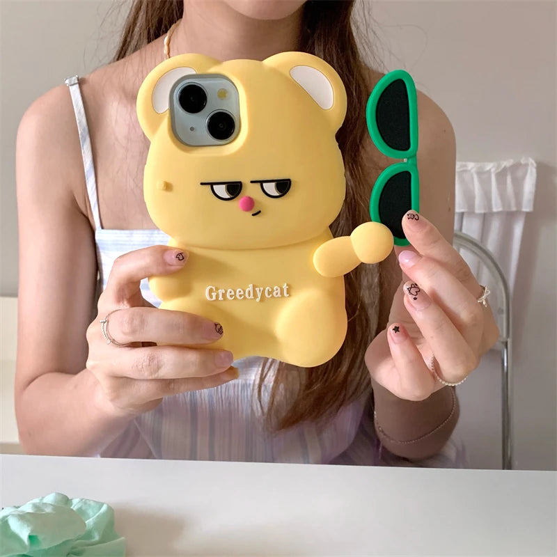 3D Cute Bear Sunglasses Phone Case For iPhone 16 promax 15 14 Plus 13 12 Pro Max 11 Soft Silicone Cartoon Cover