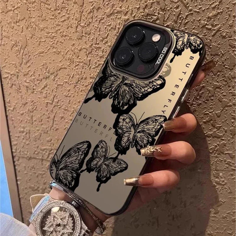 Retro Black Butterfly Phone Case For Iphone 16 16E 15 14 Plus 13 12 11 Pro Max Electroplated Cover Case Funda Bumber 16E