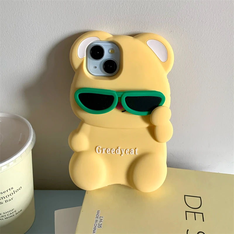 3D Cute Bear Sunglasses Phone Case For iPhone 16 promax 15 14 Plus 13 12 Pro Max 11 Soft Silicone Cartoon Cover