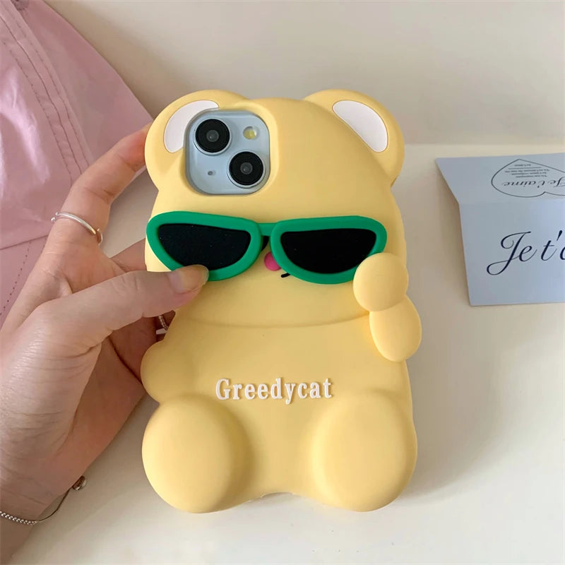 3D Cute Bear Sunglasses Phone Case For iPhone 16 promax 15 14 Plus 13 12 Pro Max 11 Soft Silicone Cartoon Cover
