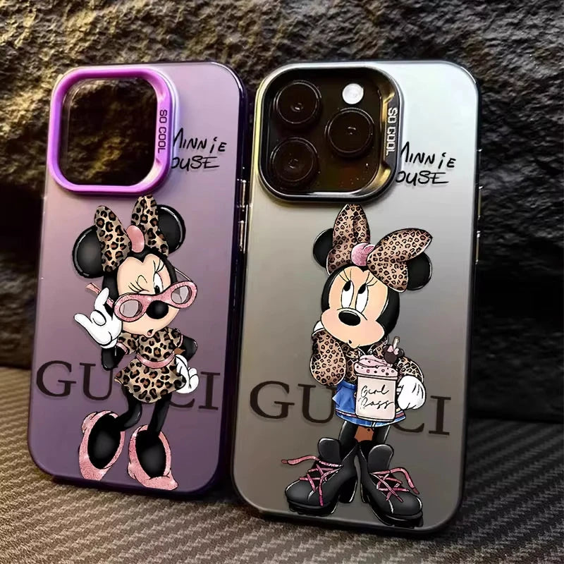 Fashion Leopard Print Minnie Plating Matte Case for iPhone 16 15 14 13 12 11 Pro Max XS X XR 8 7 Plus SE 2020 Shockproof Cover