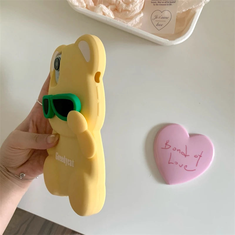 3D Cute Bear Sunglasses Phone Case For iPhone 16 promax 15 14 Plus 13 12 Pro Max 11 Soft Silicone Cartoon Cover