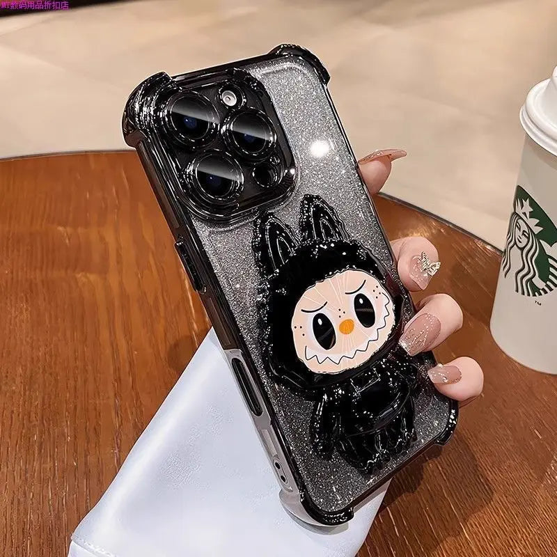 For iPhone 11 12 13 14 15 16 X XR 7 8 Phone Case Soft Silicone Plating Cartoon Rabbit Fold Stand Makeup Mirror Bracket Cover
