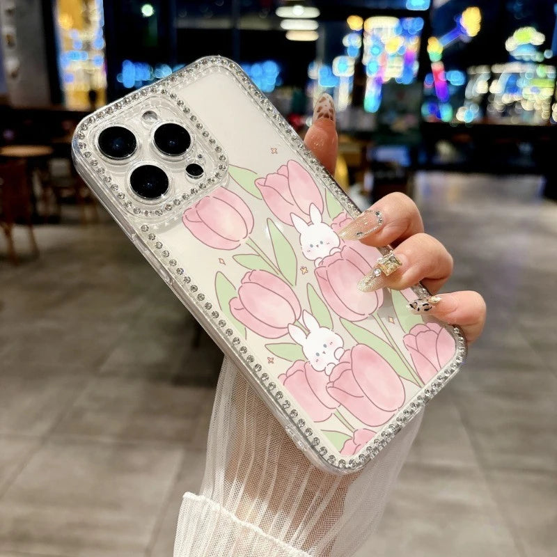 Shiny Phone Case For Vivo Y38 Y58 Y39 Y22 Y22S Y22T Y21 Y21S Y21A Y21T Y33S Y30i Cover Cartoon Rabbit Tulip Flower Clear Case