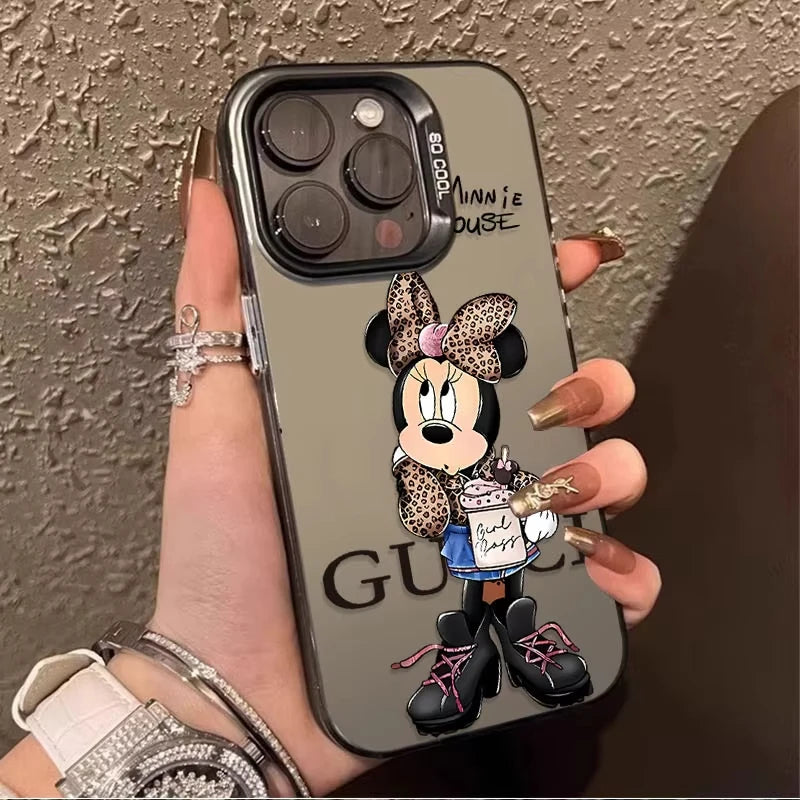 Fashion Leopard Print Minnie Plating Matte Case for iPhone 16 15 14 13 12 11 Pro Max XS X XR 8 7 Plus SE 2020 Shockproof Cover