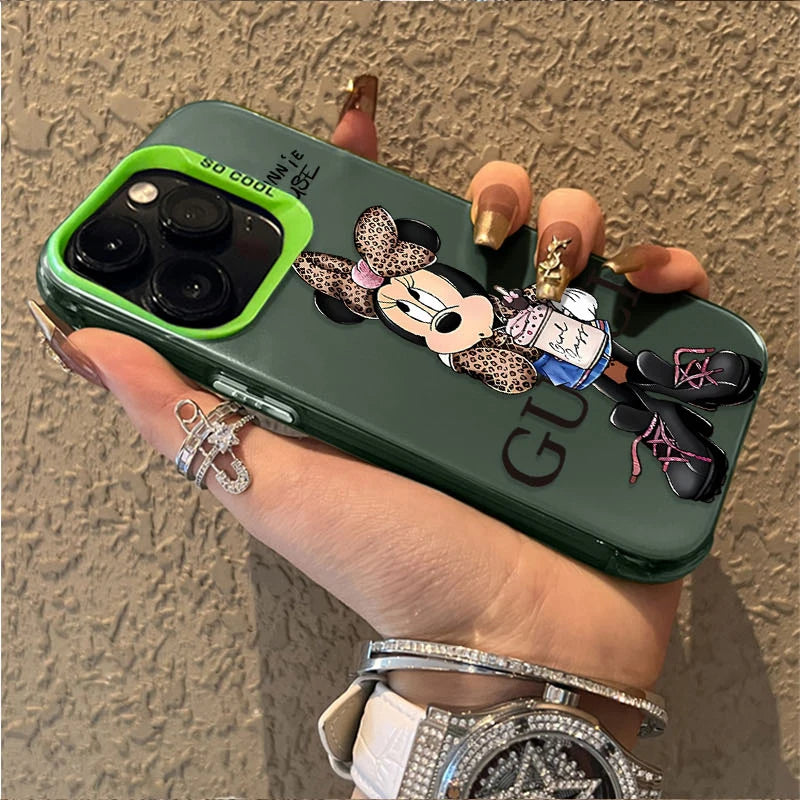 Fashion Leopard Print Minnie Plating Matte Case for iPhone 16 15 14 13 12 11 Pro Max XS X XR 8 7 Plus SE 2020 Shockproof Cover