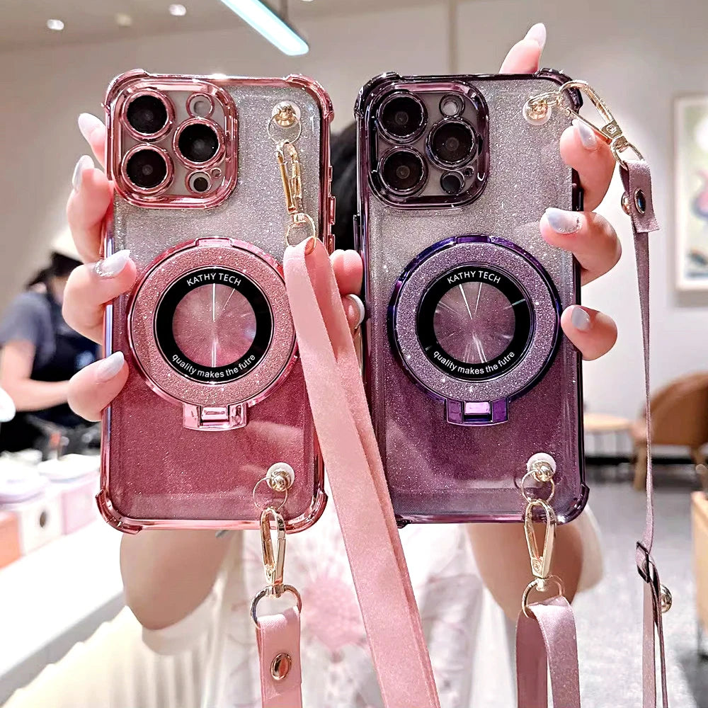 Shockproof Crossbody Lanyard Phone Case For Xiaomi Redmi Note 14 Pro Plus 14C 4G 5G 14T POCO X7 Pro Gradient Glitter Stand Cover