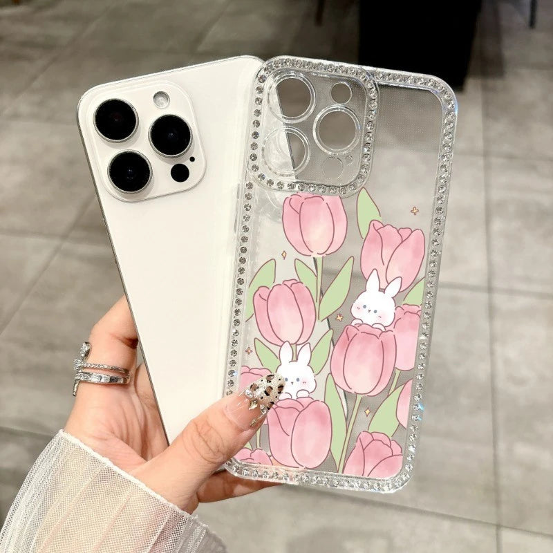 Shiny Phone Case For Vivo Y38 Y58 Y39 Y22 Y22S Y22T Y21 Y21S Y21A Y21T Y33S Y30i Cover Cartoon Rabbit Tulip Flower Clear Case