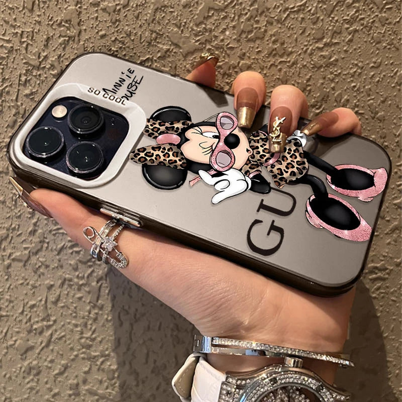 Fashion Leopard Print Minnie Plating Matte Case for iPhone 16 15 14 13 12 11 Pro Max XS X XR 8 7 Plus SE 2020 Shockproof Cover