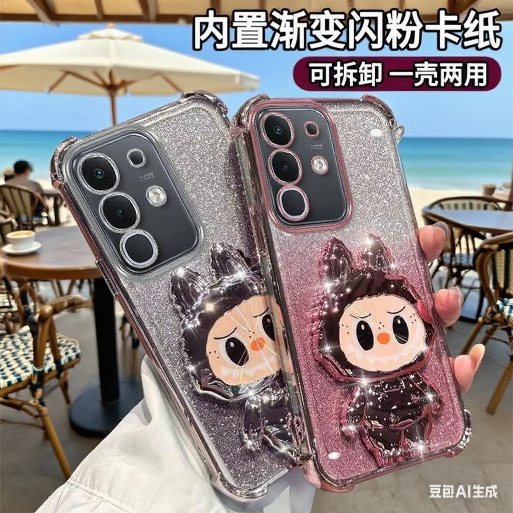 For iPhone 11 12 13 14 15 16 X XR 7 8 Phone Case Soft Silicone Plating Cartoon Rabbit Fold Stand Makeup Mirror Bracket Cover