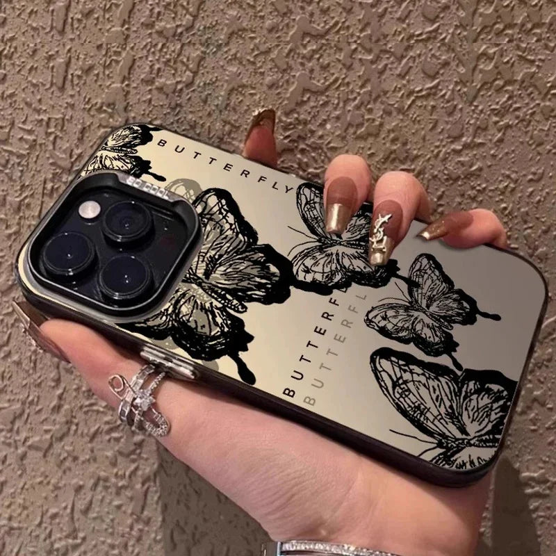 Retro Black Butterfly Phone Case For Iphone 16 16E 15 14 Plus 13 12 11 Pro Max Electroplated Cover Case Funda Bumber 16E