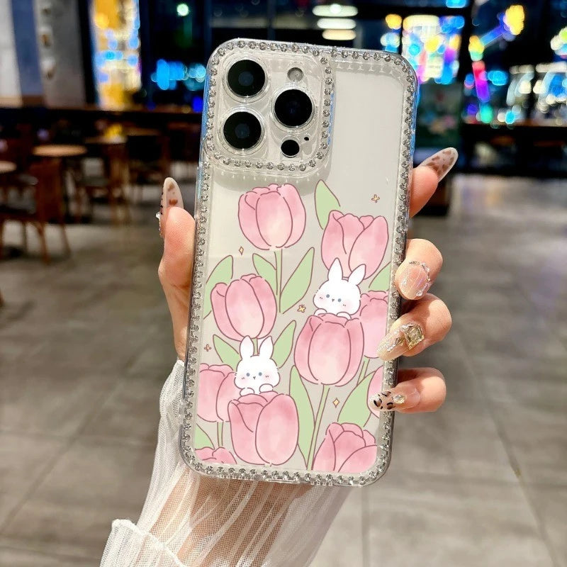 Shiny Phone Case For Vivo Y38 Y58 Y39 Y22 Y22S Y22T Y21 Y21S Y21A Y21T Y33S Y30i Cover Cartoon Rabbit Tulip Flower Clear Case