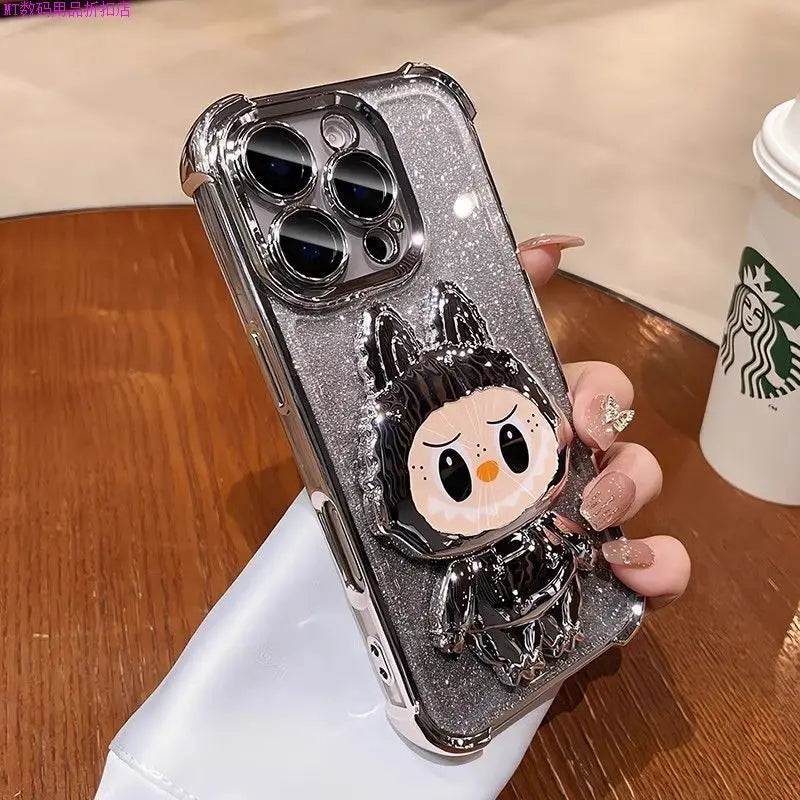 For iPhone 11 12 13 14 15 16 X XR 7 8 Phone Case Soft Silicone Plating Cartoon Rabbit Fold Stand Makeup Mirror Bracket Cover