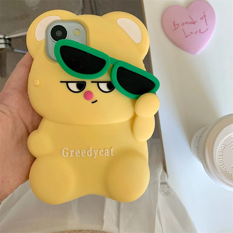 3D Cute Bear Sunglasses Phone Case For iPhone 16 promax 15 14 Plus 13 12 Pro Max 11 Soft Silicone Cartoon Cover