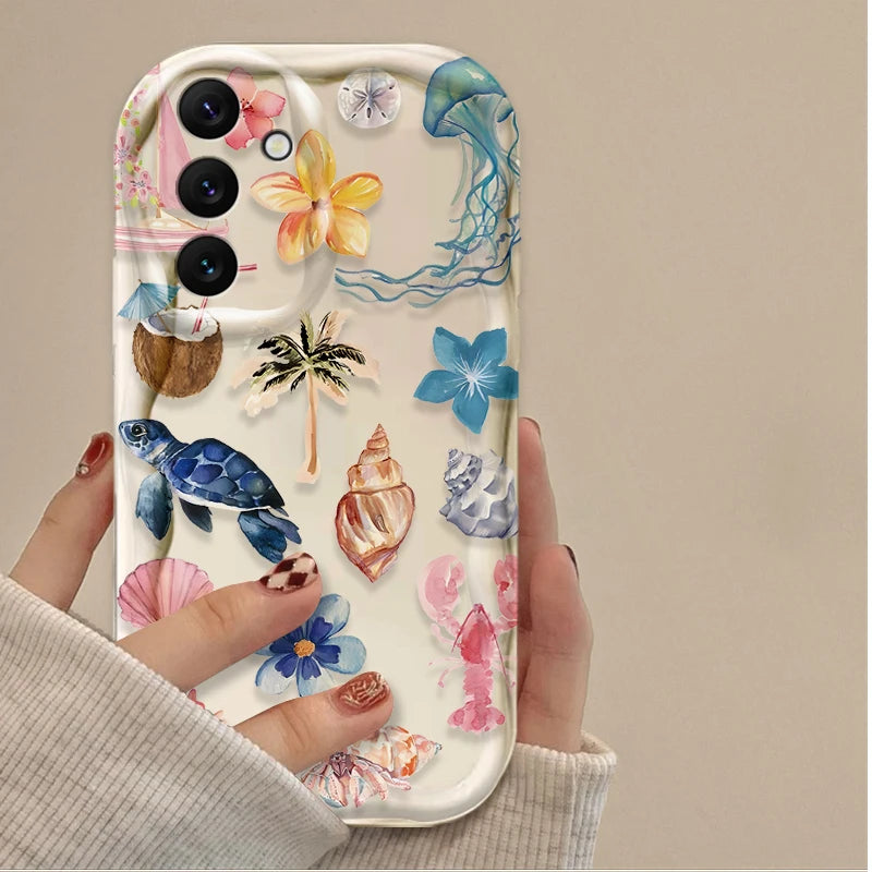 3D Case For Samsung Galaxy S25 S24 Ultra S23 S22 S21 Plus FE A56 A36 A26 A16 A06 A15 A25 A35 A55 5G Color Flower Marine Organism