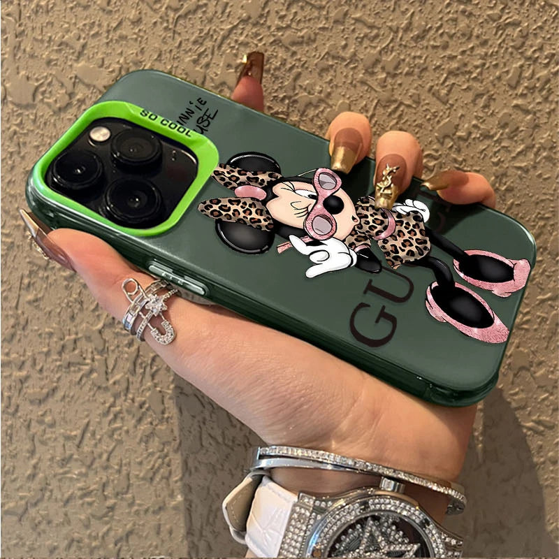 Fashion Leopard Print Minnie Plating Matte Case for iPhone 16 15 14 13 12 11 Pro Max XS X XR 8 7 Plus SE 2020 Shockproof Cover
