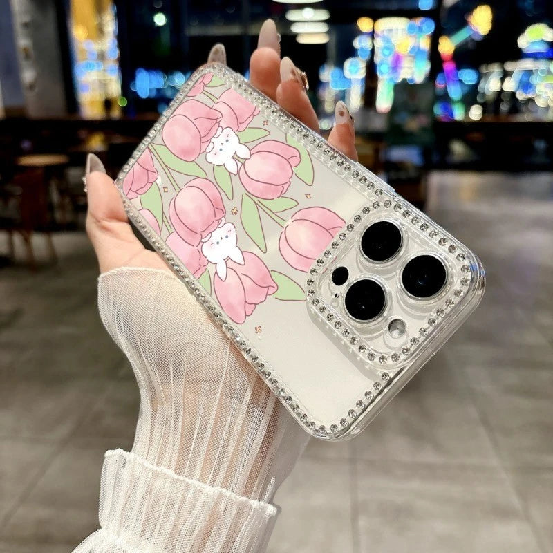 Shiny Phone Case For Vivo Y38 Y58 Y39 Y22 Y22S Y22T Y21 Y21S Y21A Y21T Y33S Y30i Cover Cartoon Rabbit Tulip Flower Clear Case