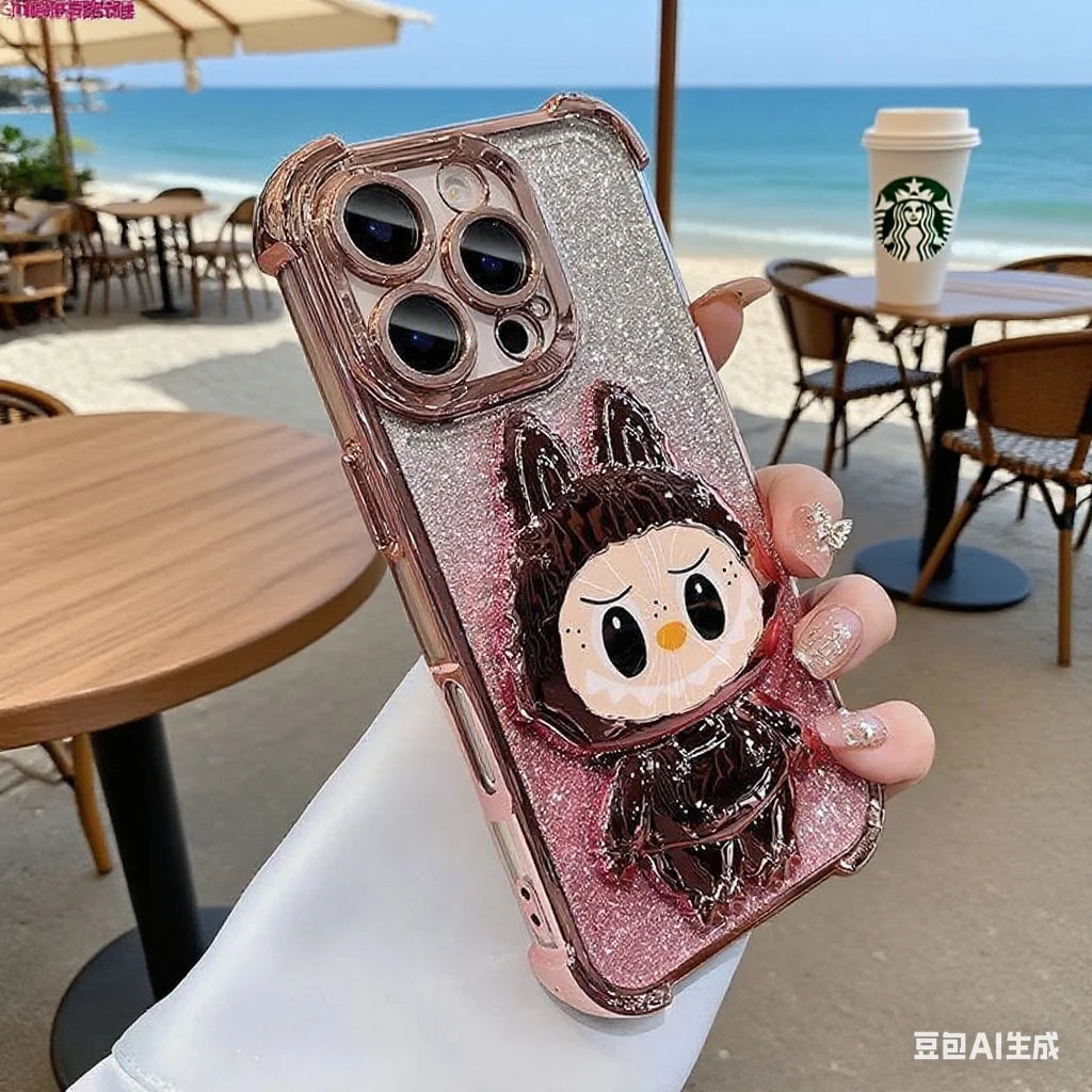 For iPhone 11 12 13 14 15 16 X XR 7 8 Phone Case Soft Silicone Plating Cartoon Rabbit Fold Stand Makeup Mirror Bracket Cover