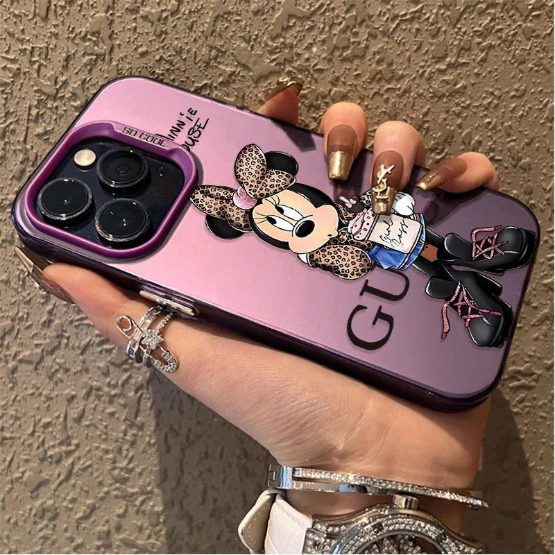 Fashion Leopard Print Minnie Plating Matte Case for iPhone 16 15 14 13 12 11 Pro Max XS X XR 8 7 Plus SE 2020 Shockproof Cover