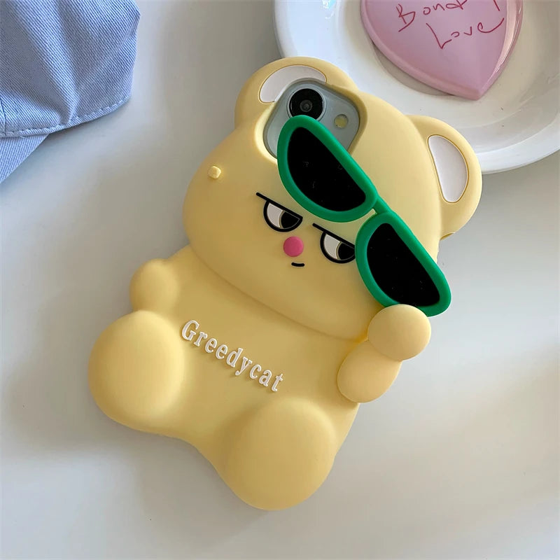 3D Cute Bear Sunglasses Phone Case For iPhone 16 promax 15 14 Plus 13 12 Pro Max 11 Soft Silicone Cartoon Cover