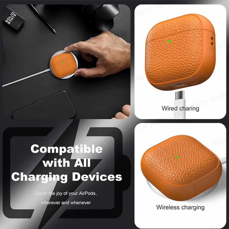 For AirPods 4 Lichee Pattern Case with Lanyard/Cleaner Kit Business Earphone Cases for Men Women For Apple AirPods Pro Headset