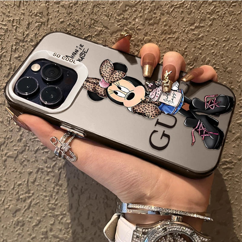 Fashion Leopard Print Minnie Plating Matte Case for iPhone 16 15 14 13 12 11 Pro Max XS X XR 8 7 Plus SE 2020 Shockproof Cover