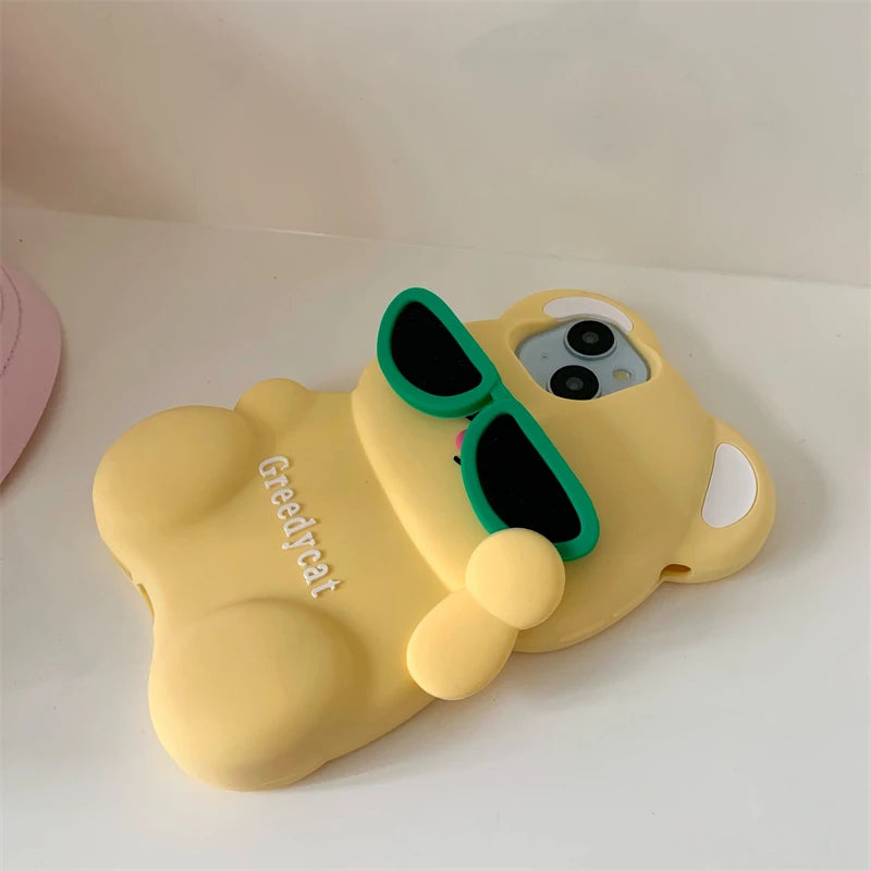 3D Cute Bear Sunglasses Phone Case For iPhone 16 promax 15 14 Plus 13 12 Pro Max 11 Soft Silicone Cartoon Cover