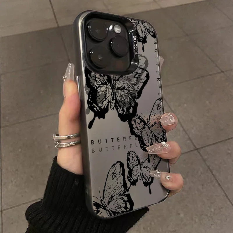 Retro Black Butterfly Phone Case For Iphone 16 16E 15 14 Plus 13 12 11 Pro Max Electroplated Cover Case Funda Bumber 16E