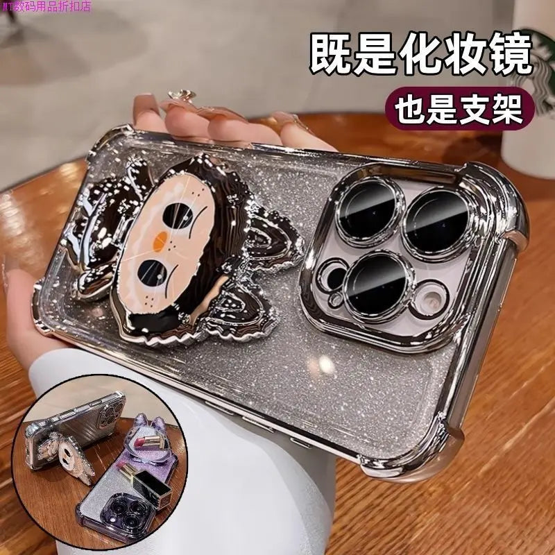 For iPhone 11 12 13 14 15 16 X XR 7 8 Phone Case Soft Silicone Plating Cartoon Rabbit Fold Stand Makeup Mirror Bracket Cover