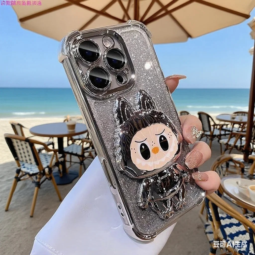 For iPhone 11 12 13 14 15 16 X XR 7 8 Phone Case Soft Silicone Plating Cartoon Rabbit Fold Stand Makeup Mirror Bracket Cover