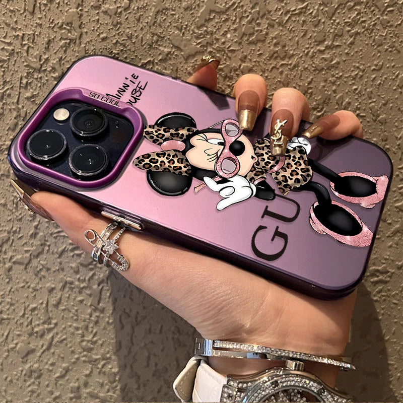 Fashion Leopard Print Minnie Plating Matte Case for iPhone 16 15 14 13 12 11 Pro Max XS X XR 8 7 Plus SE 2020 Shockproof Cover