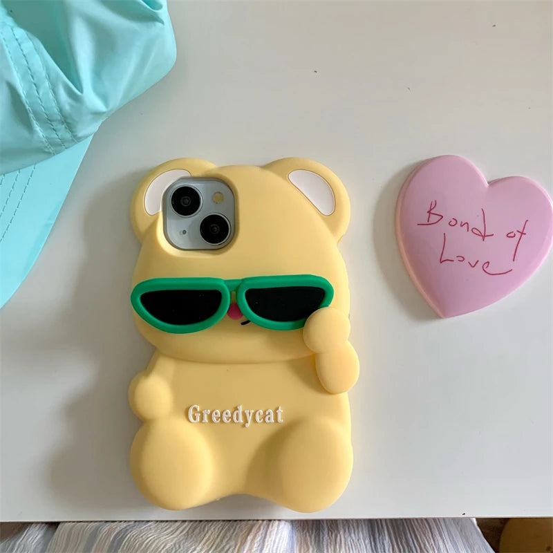 3D Cute Bear Sunglasses Phone Case For iPhone 16 promax 15 14 Plus 13 12 Pro Max 11 Soft Silicone Cartoon Cover