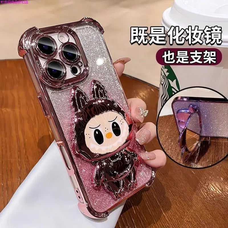 For iPhone 11 12 13 14 15 16 X XR 7 8 Phone Case Soft Silicone Plating Cartoon Rabbit Fold Stand Makeup Mirror Bracket Cover