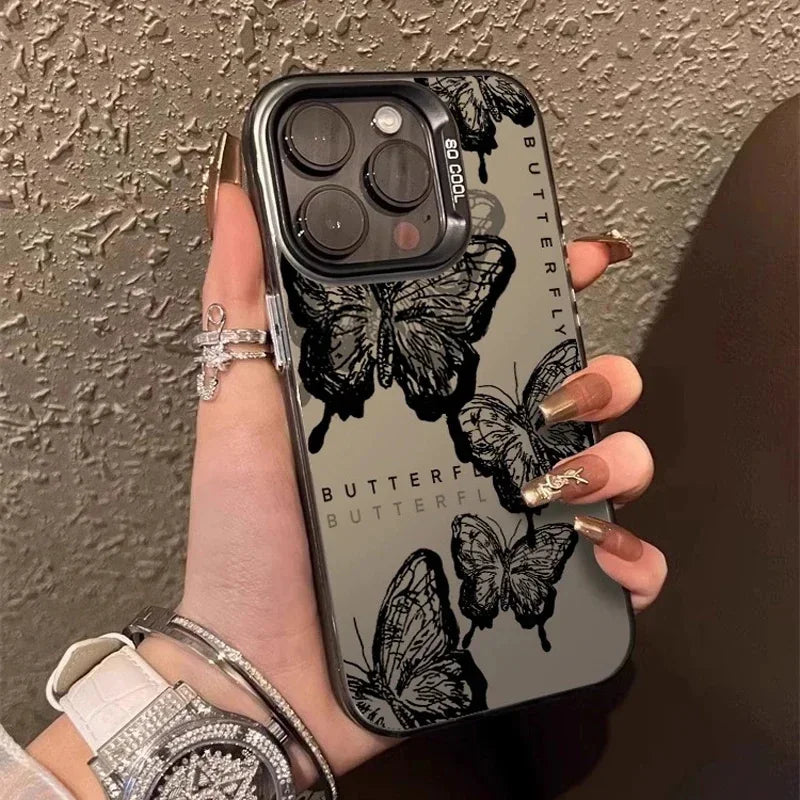 Retro Black Butterfly Phone Case For Iphone 16 16E 15 14 Plus 13 12 11 Pro Max Electroplated Cover Case Funda Bumber 16E
